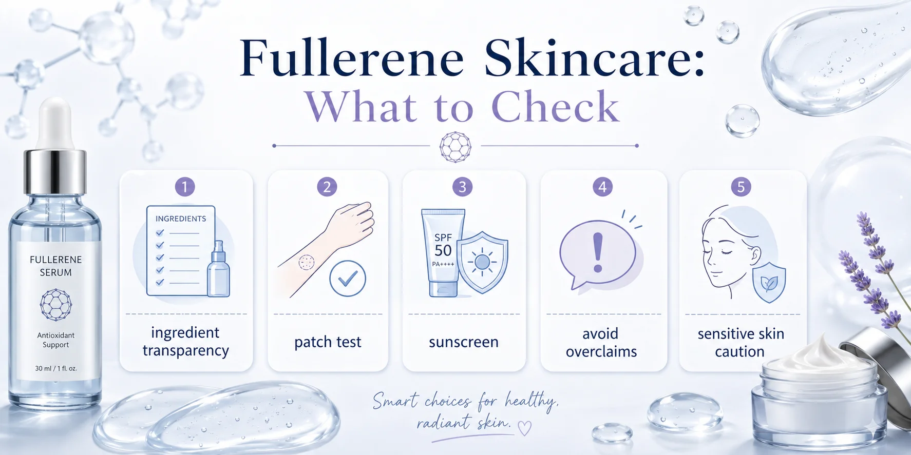Fullerene skincare product with guidelines for proper use, featuring ingredient transparency, patch testing, sunscreen, avoiding overclaims, and sensitive skin caution.